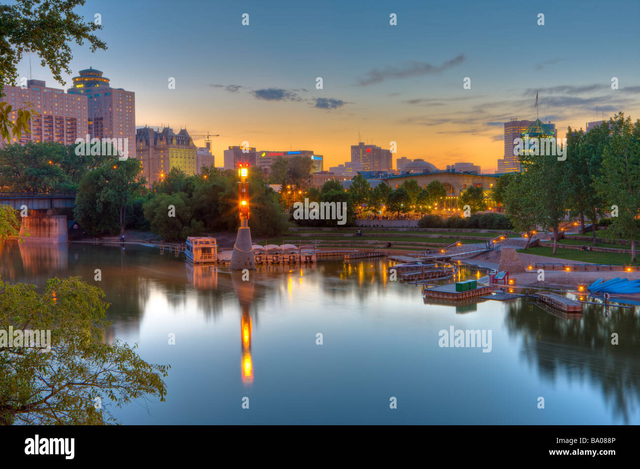 The Assiniboine River Marina and the Market and Tower at The Forks,a National Historic Site in the City of Winnipeg,Manitoba. Stock Photo