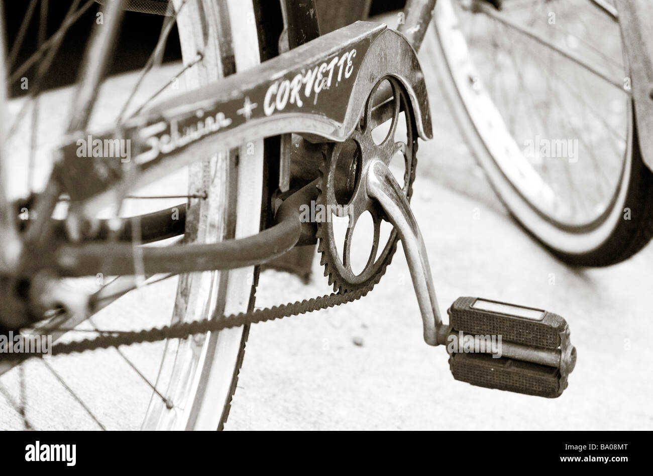 Closeup of Schwinn Corvette Bicycle Pedal and Gears (For Editorial Use Only) Stock Photo