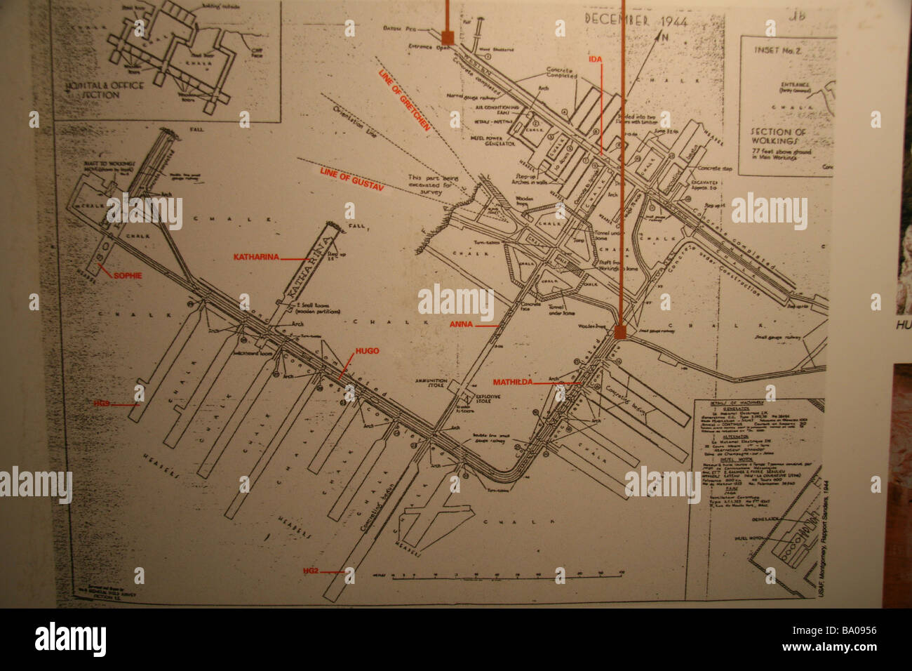 A 1945 Allied drawn plan of the La Coupole V2 rocket facilty at Wizernes, France.   ISO 400 Stock Photo