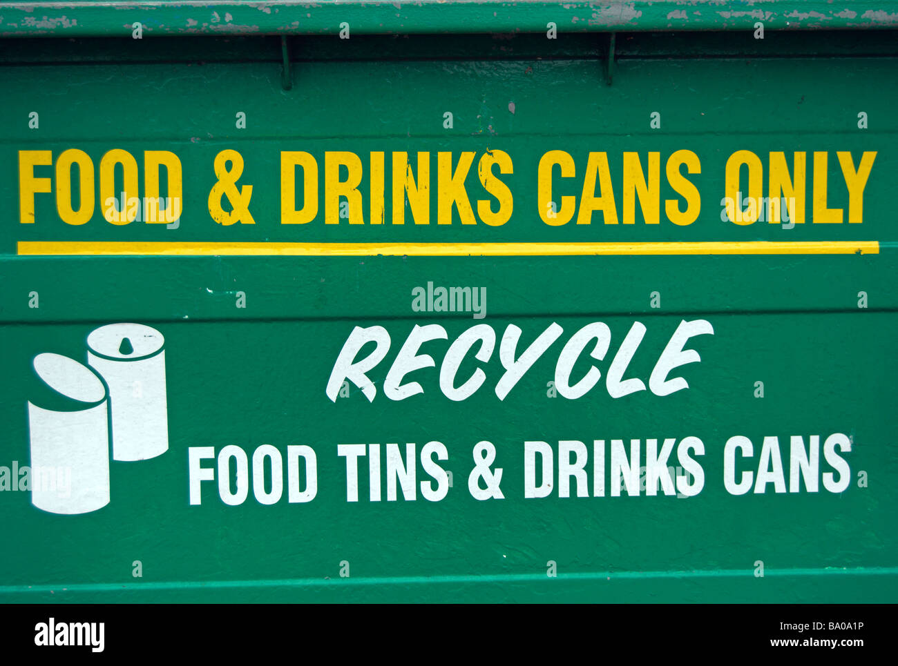 food tins and drinks cans recycling bin with notice stating food and drink cans only Stock Photo