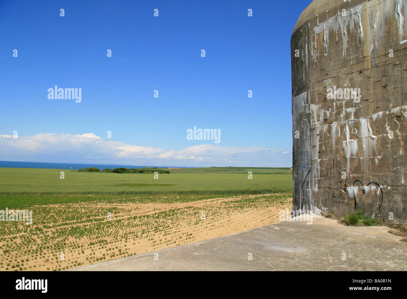 View towards the White Cliffs of Dover from a massive German WWII battery casement on the Cap Gris Nez, France. Stock Photo