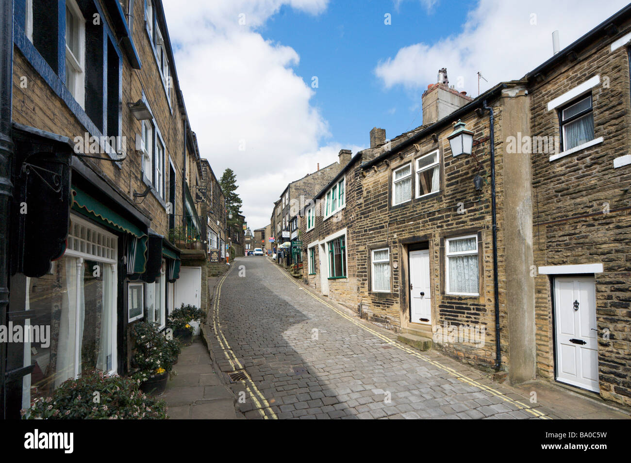 Main Street in the village centre, Haworth, West Yorkshire, England, UK Stock Photo