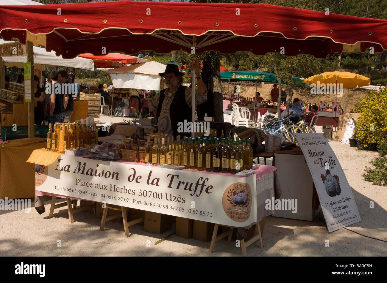 Produce for sale at outdoor market olive oil Pont du Gard Provence