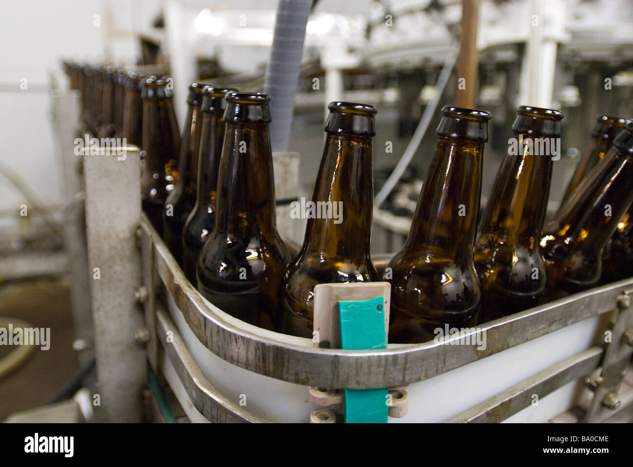 Bottling line at a small craft brewery. Stock Photo