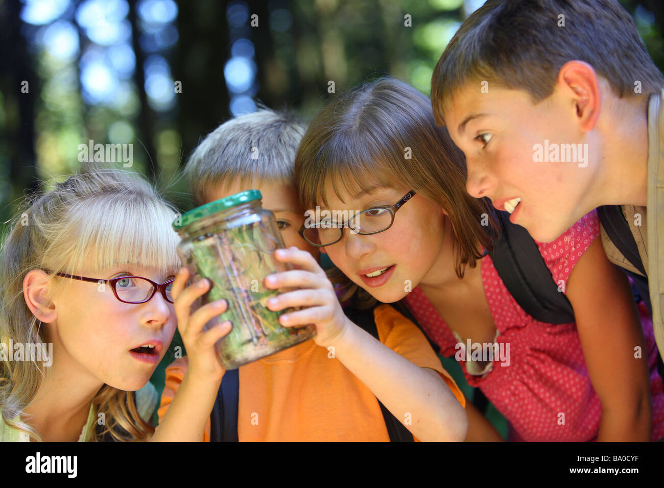 Group of kids looking at insect in jar Stock Photo