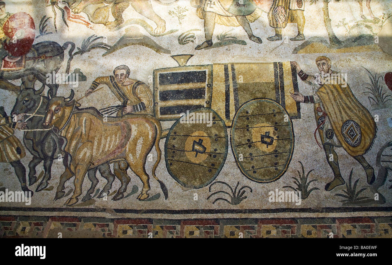 Ox cart mosaic, Villa Romana del Casale, 4th century, near Piazza Armerina Sicily Italy Europe Stock Photo
