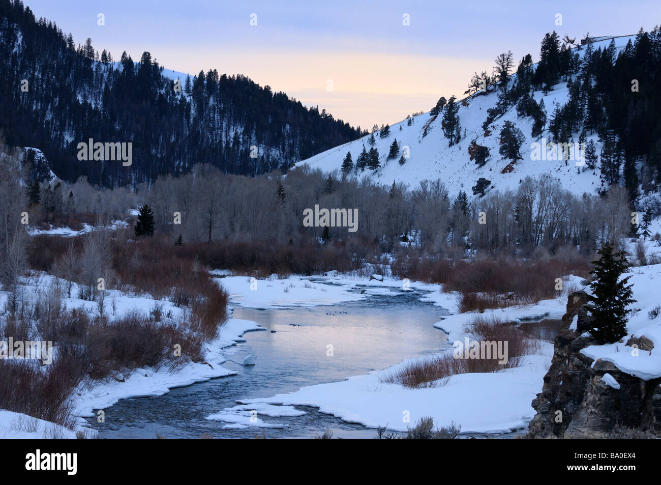 Gros Ventre River at dusk in the Bridger Teton National Forest Wyoming wilderness area in winter Stock Photo