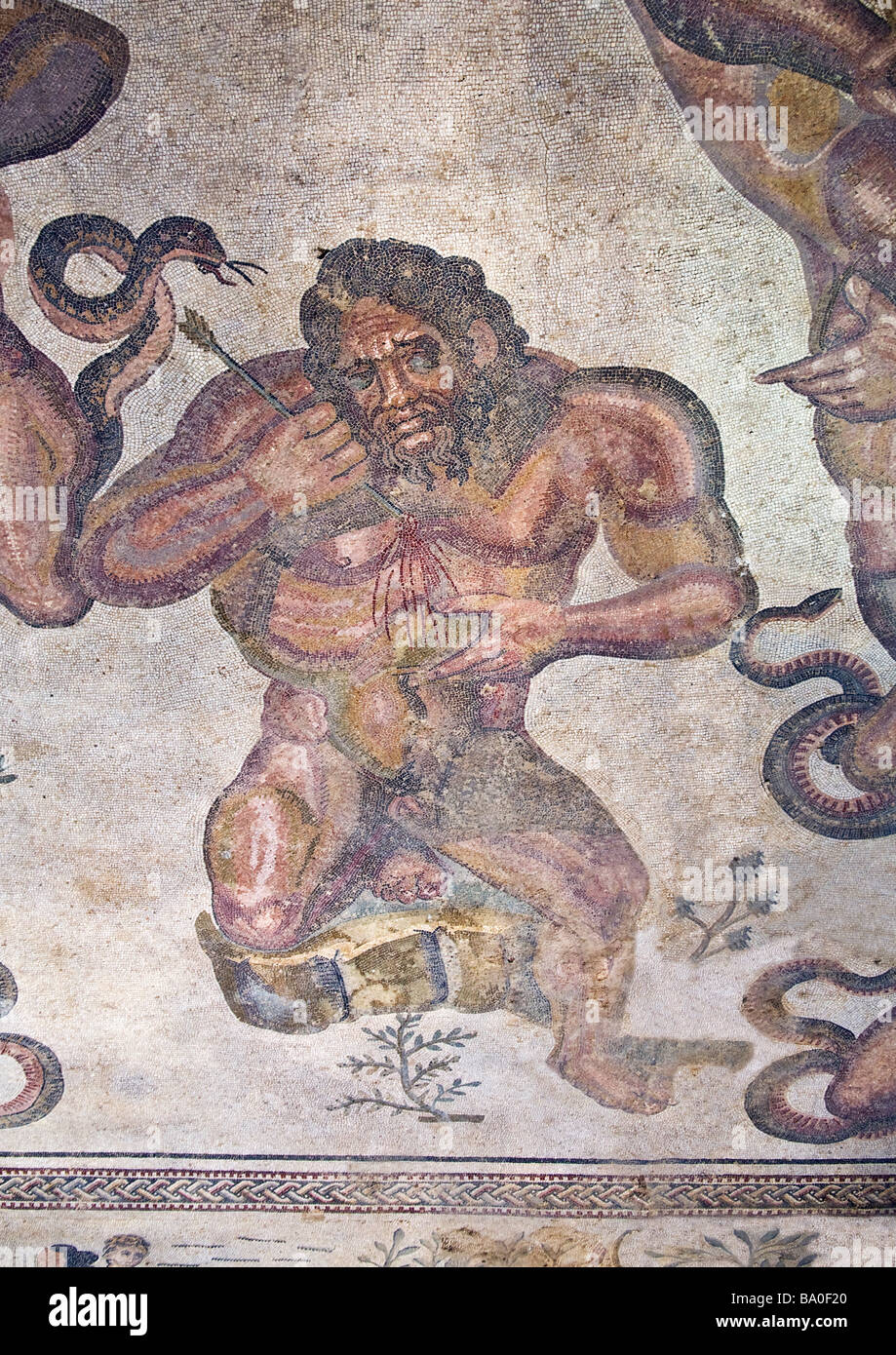 Battle of giants roman mosaic cental apse Villa Romana del Casale Piazza Armerina Sicily Italy Stock Photo