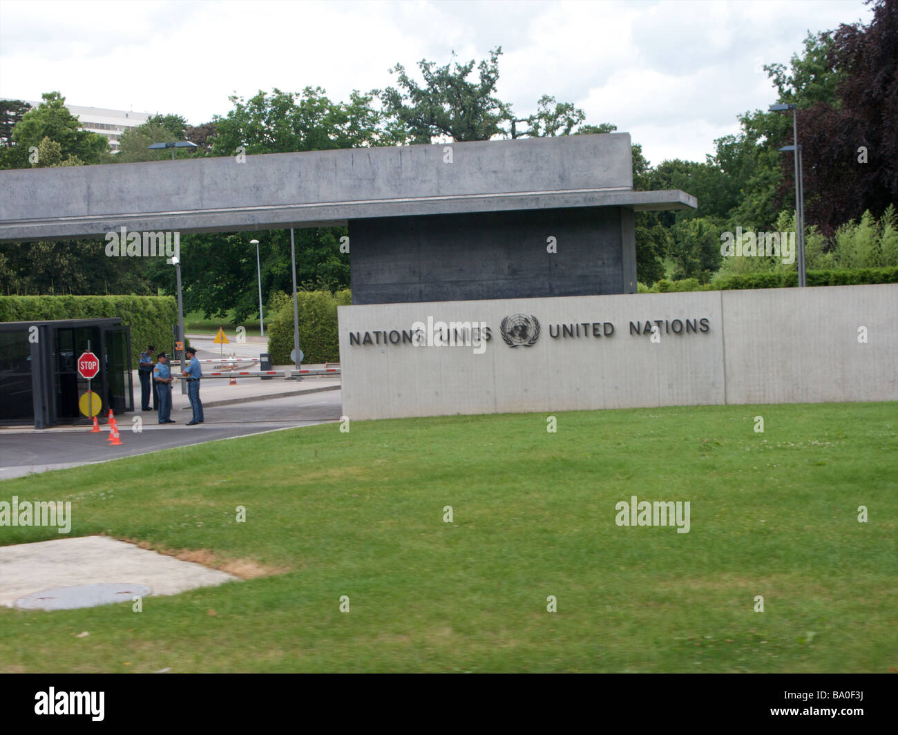 The guarded entrance of the United Nations building in Geneva Switzerland Stock Photo