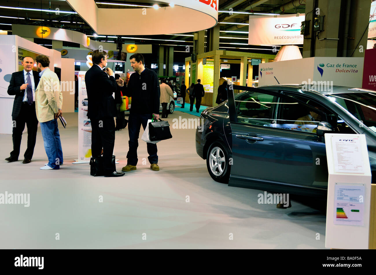 Paris France, Shopping 'Honda Car Company', Small Crowd People Men, Visiting Trade Show 'Salon Durable' Civic Hybrid Car Stock Photo