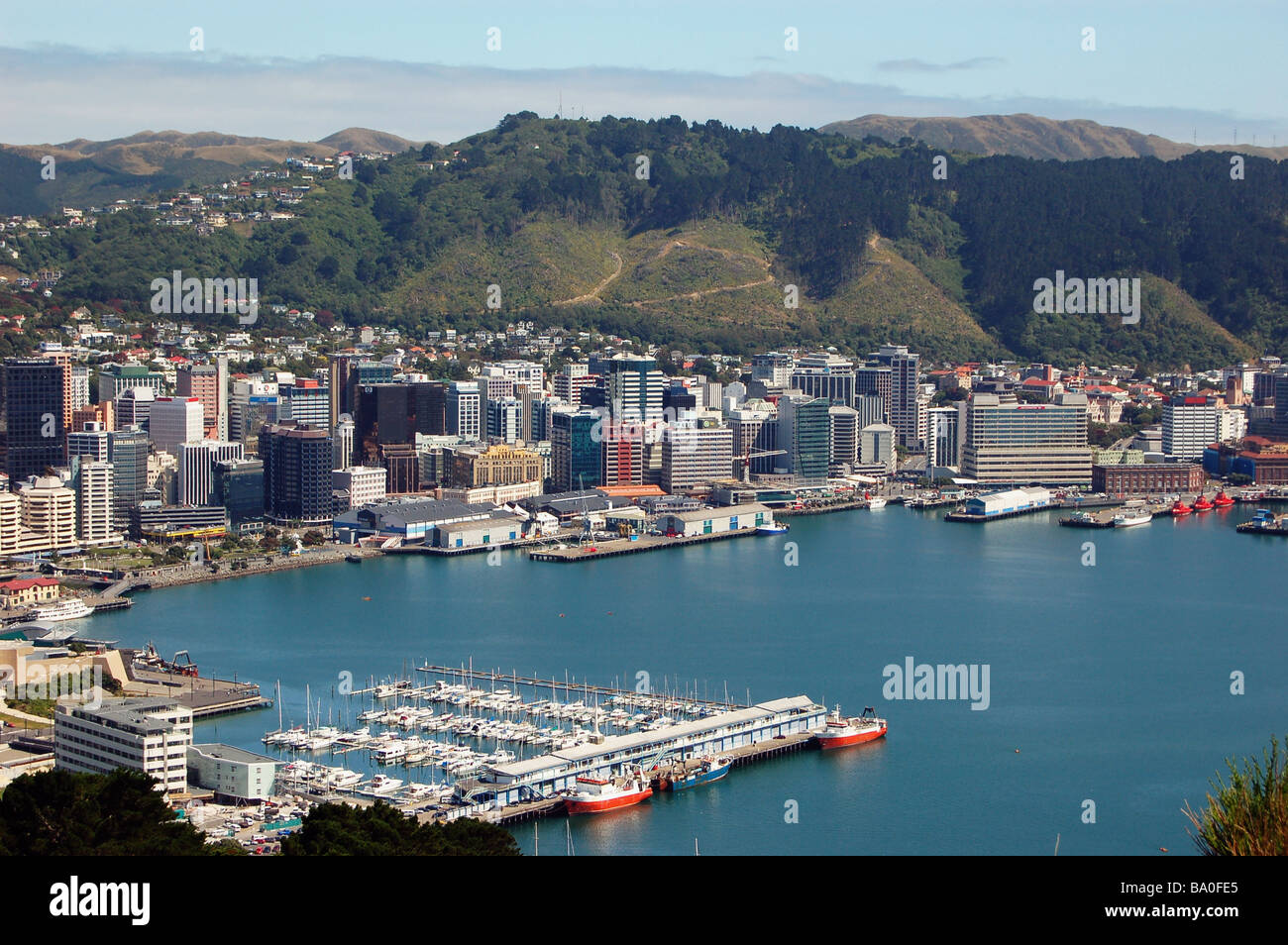 Wellington Harbour, North Island, New Zealand, taken from Mount Victoria overlooking Oriental Bay Stock Photo