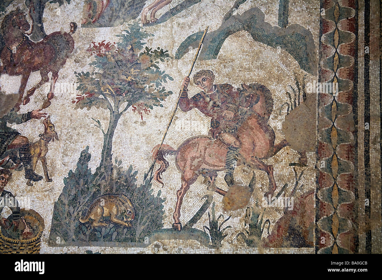 Huntsman on horseback mosaic in Sala della Piccola Caccia Room of Small Hunt Villa Romana del Casale Piazza Armerina Sicily Stock Photo