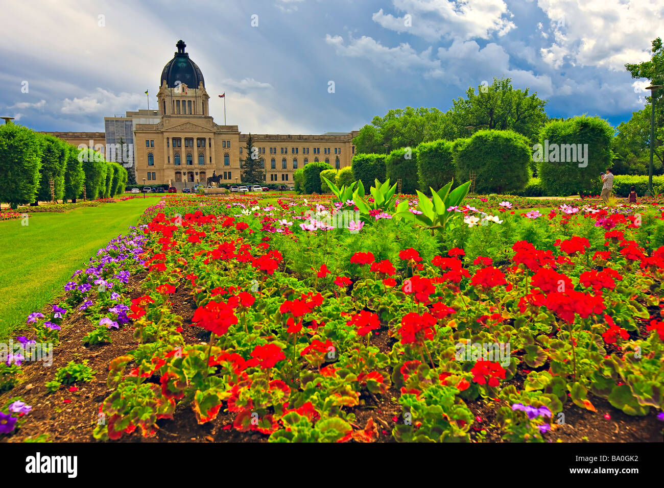 Queen Elizabeth II Gardens and the Legislative Building in the City of Regina Saskatchewan Canada Stock Photo