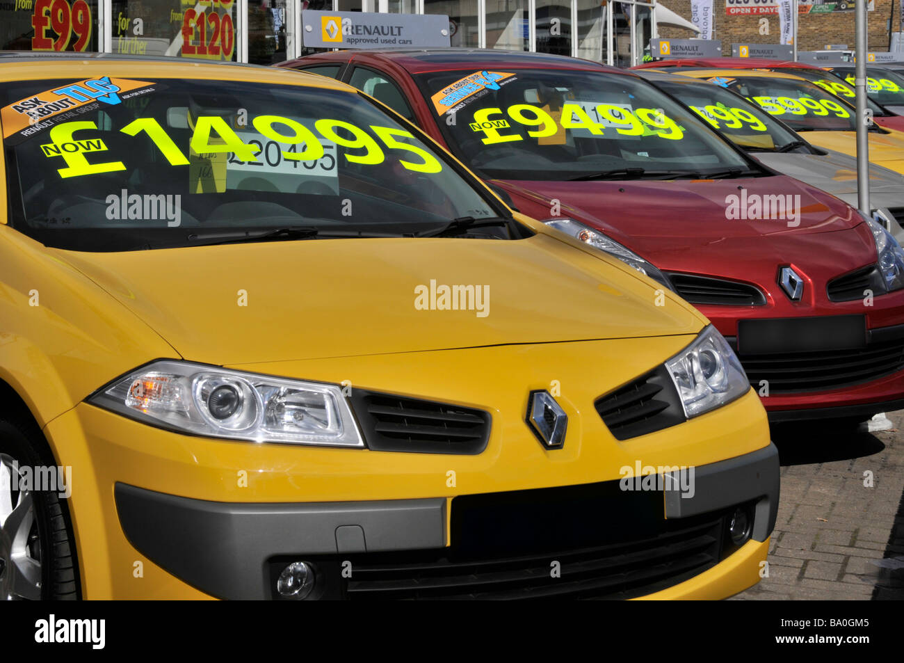 Renault used second hand car dealership forecourt display row in line