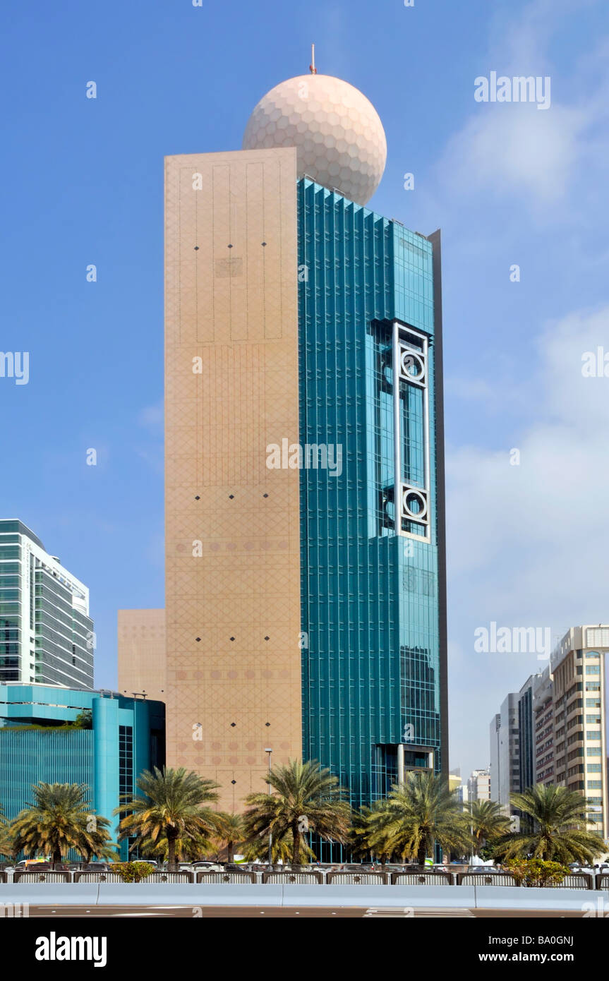 Abu Dhabi modern architecture high rise block with sphere on roof Stock Photo