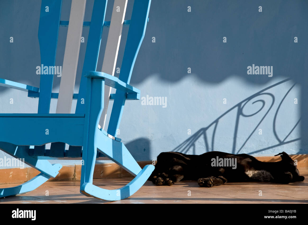 Sleeping dog & rocking chair, Cuba Stock Photo Alamy