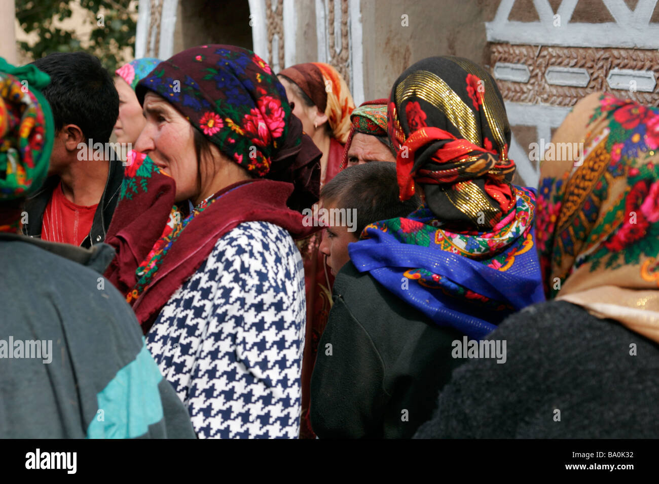 Tajik women wearing traditional headscarfs, Tajikistan, Central Asia Stock Photo
