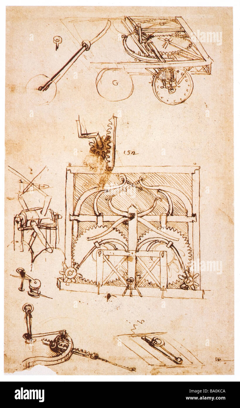 studies of hydraulic machines by Leonardo da Vinci  1480 pen and ink Stock Photo