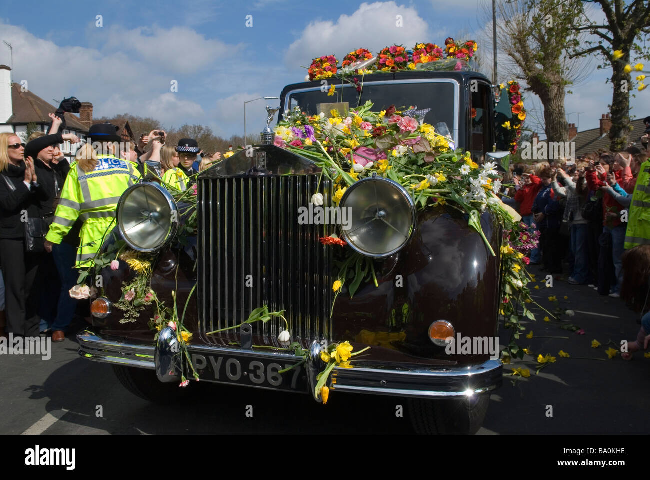 Rolls Royce hearse covered in flowers. Jade Goodys Funeral April 4 2009 TV Reality Star funeral
