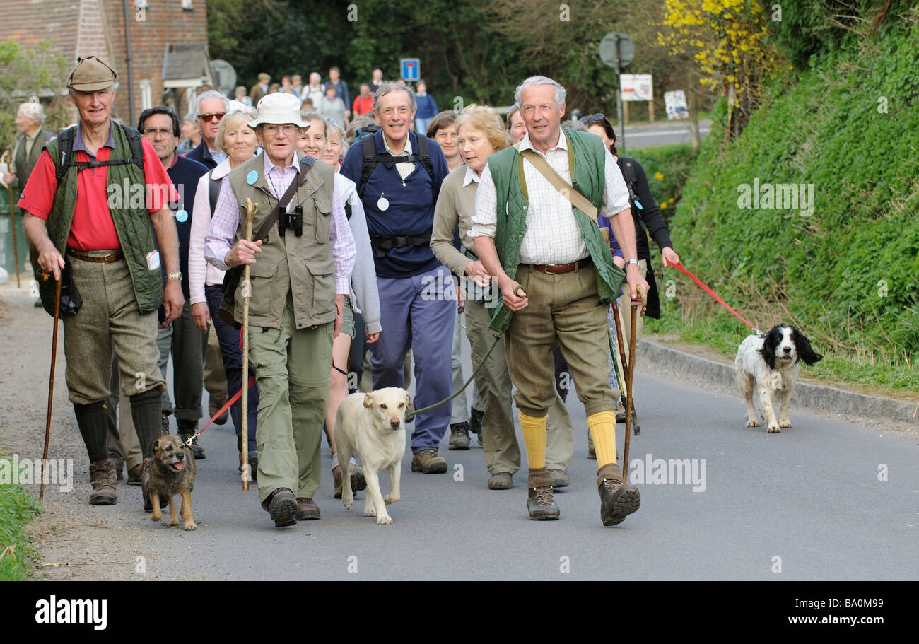 Group of hikers walking in Hampshire England UK Stock Photo