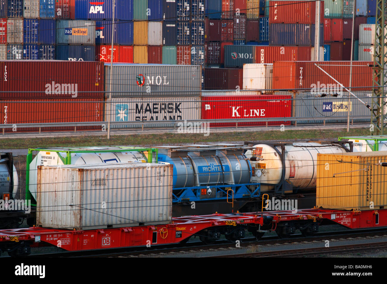 freight trains and containers at rail yard Stock Photo