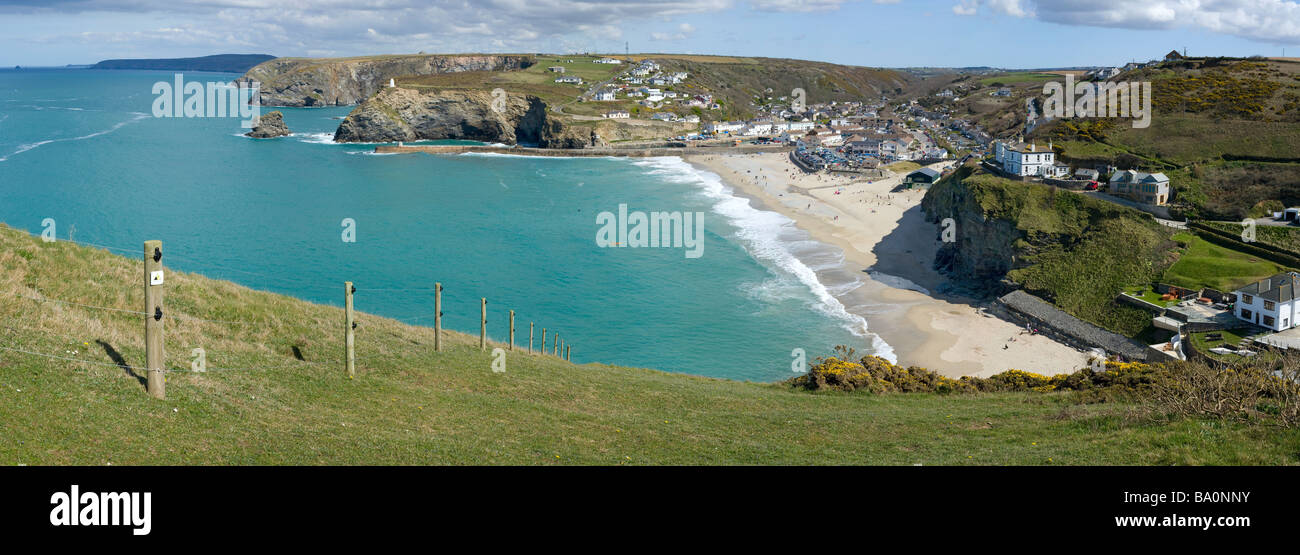 Panoramic view of Portreath from Western Hill, Cornwall UK. Stock Photo
