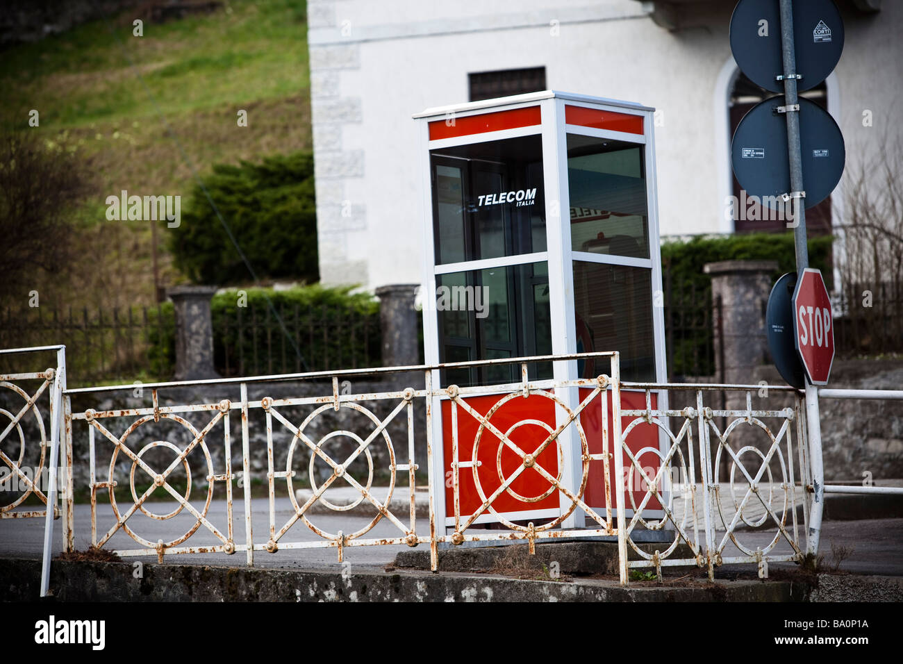 Public payphone cabin of Telecom Italia in Claino con Osteno, Lombardia, Italy Stock Photo