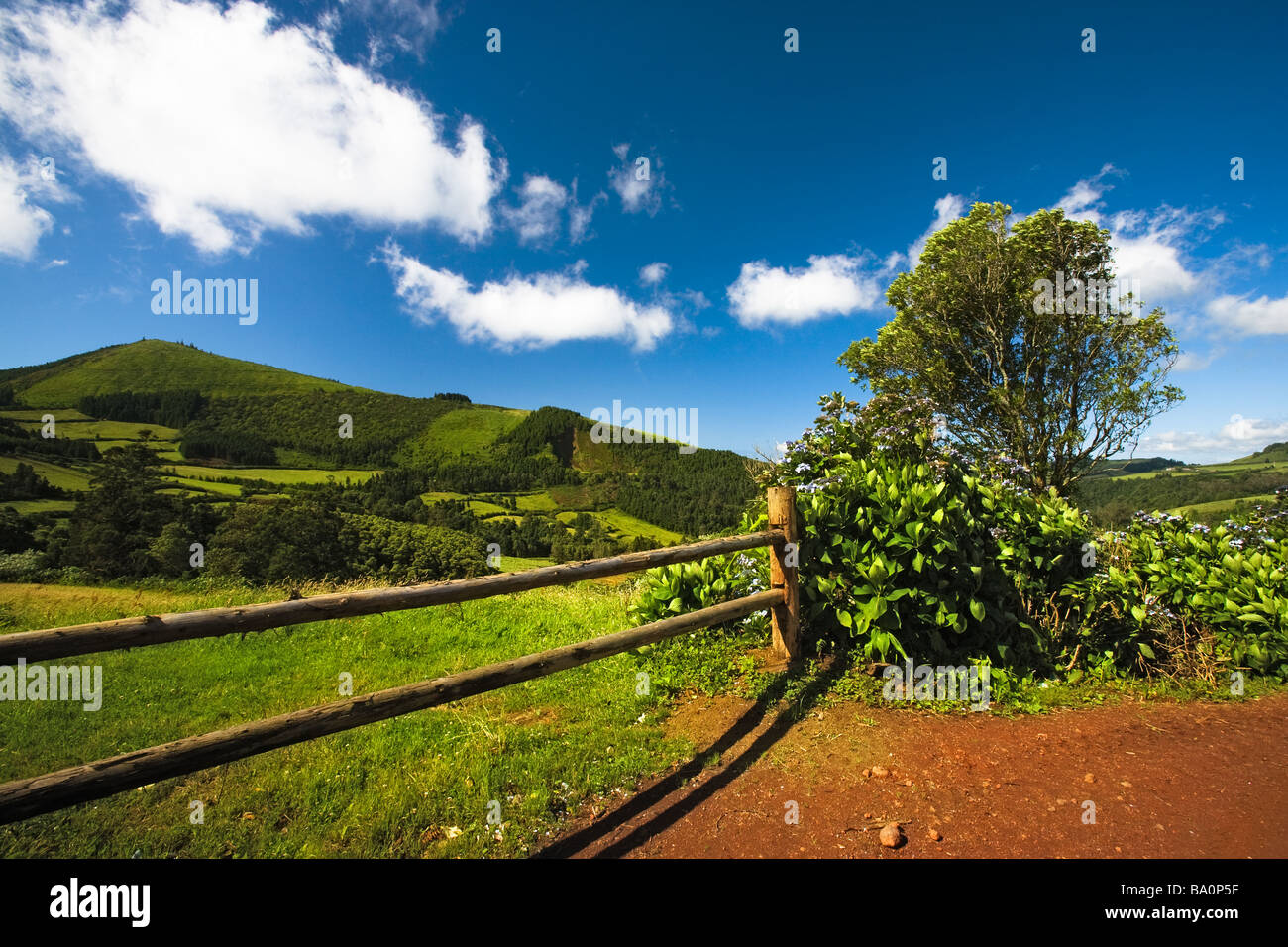 View of the sao miguel island prairies and plug fields with blue sky,São Miguel island, Azores, Portugal Stock Photo