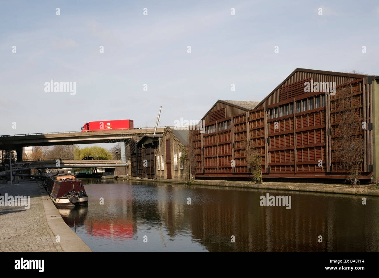 Westway, Royal Mail truck, Bridge, barge and industrial properties architecture, Grand Union Canal, Paddington Basin, London, EU Stock Photo