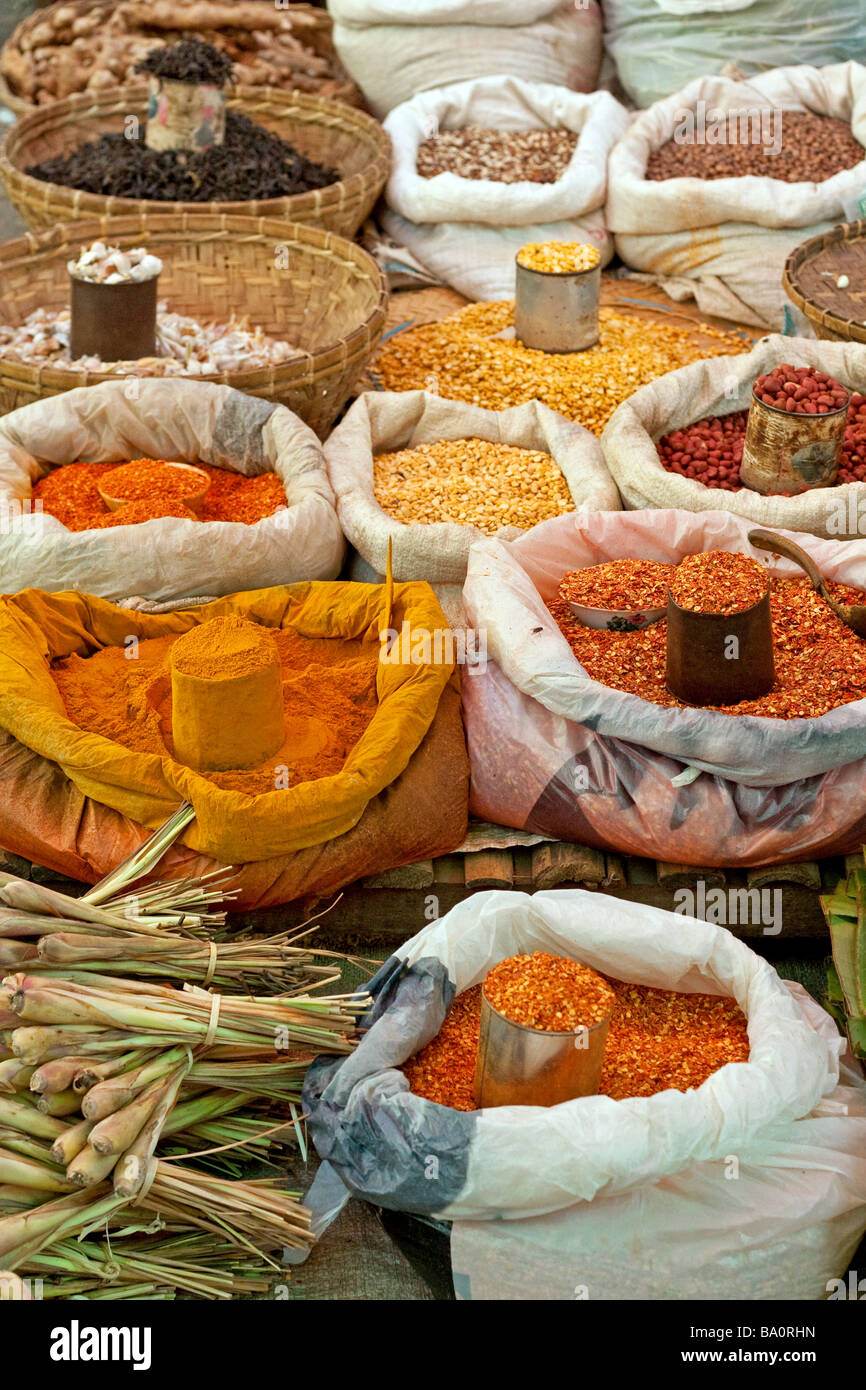 Burmese spices on display at Aungban market, Shan State, Myanmar (Burma) Stock Photo