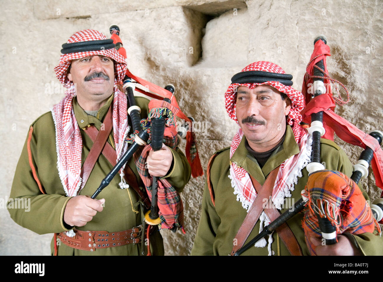 Bedouin arabs playing the bagpipes, Jerash, Jordan, middle east Stock
