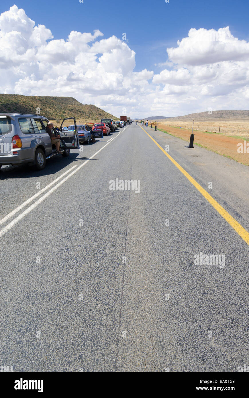 Karoo Desert traffic jam caused by roadworks and blasting on the N1 Highway between Colesburg and Bloomfontein Stock Photo