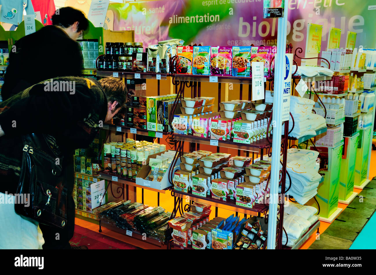 PARIS FRANCE, Man Visiting Organic 'Food festival', Detail, Store Shelves, Natural Products Store, sustainable investing, environmentally friendly Stock Photo