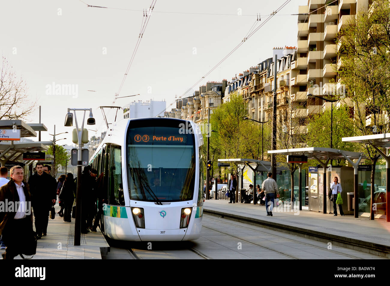 Paris France, Street Scene, Businessmen Commuting, Tram Train Station, Platform Stock Photo