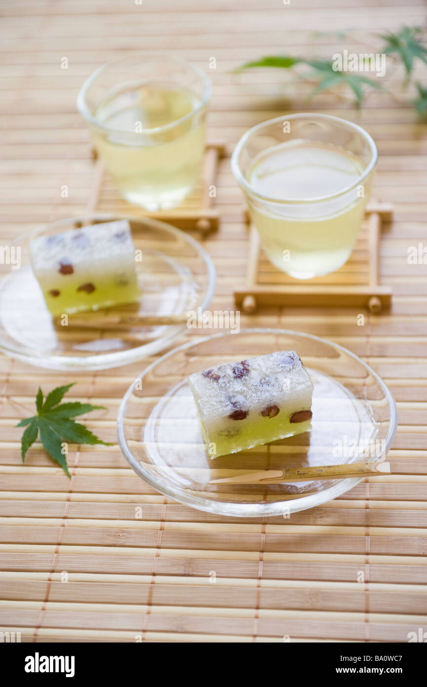 Mizorekan and green tea Stock Photo