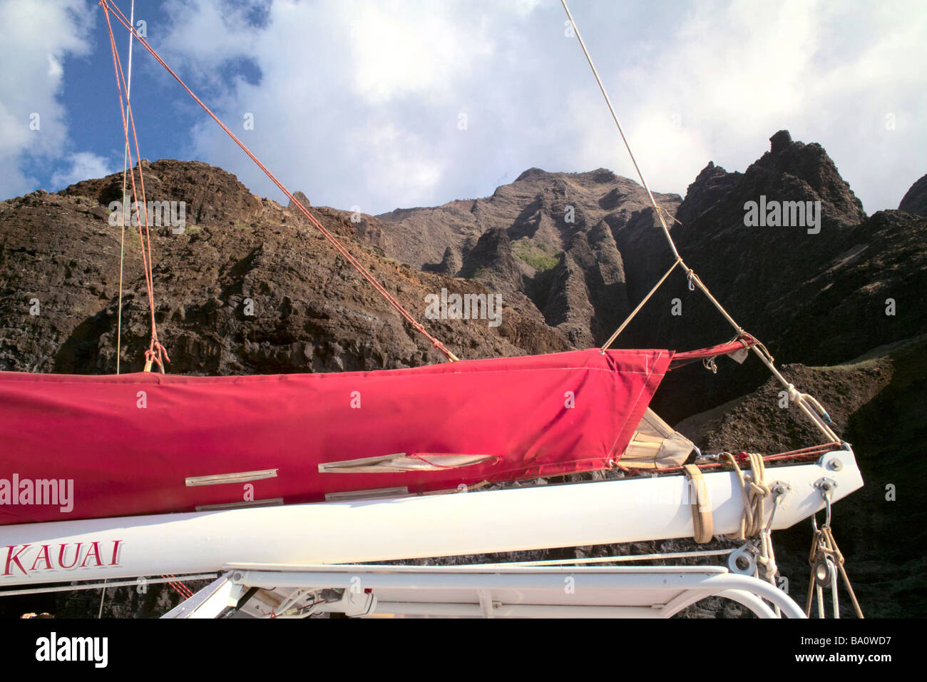Na Pali Coast Kauai over boom of catamaran Stock Photo
