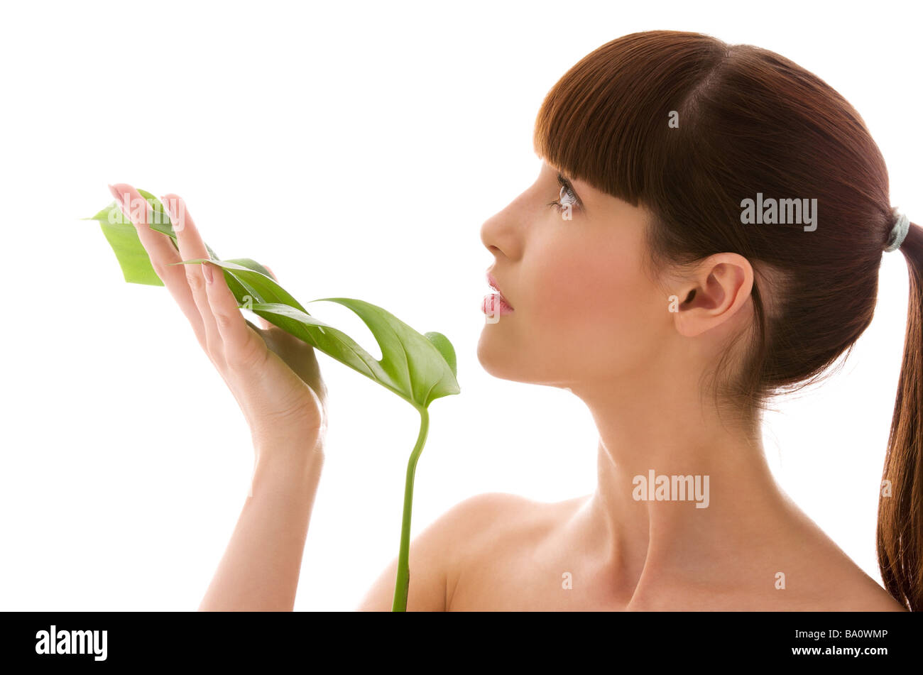 picture of woman with green leaf over white Stock Photo - Alamy