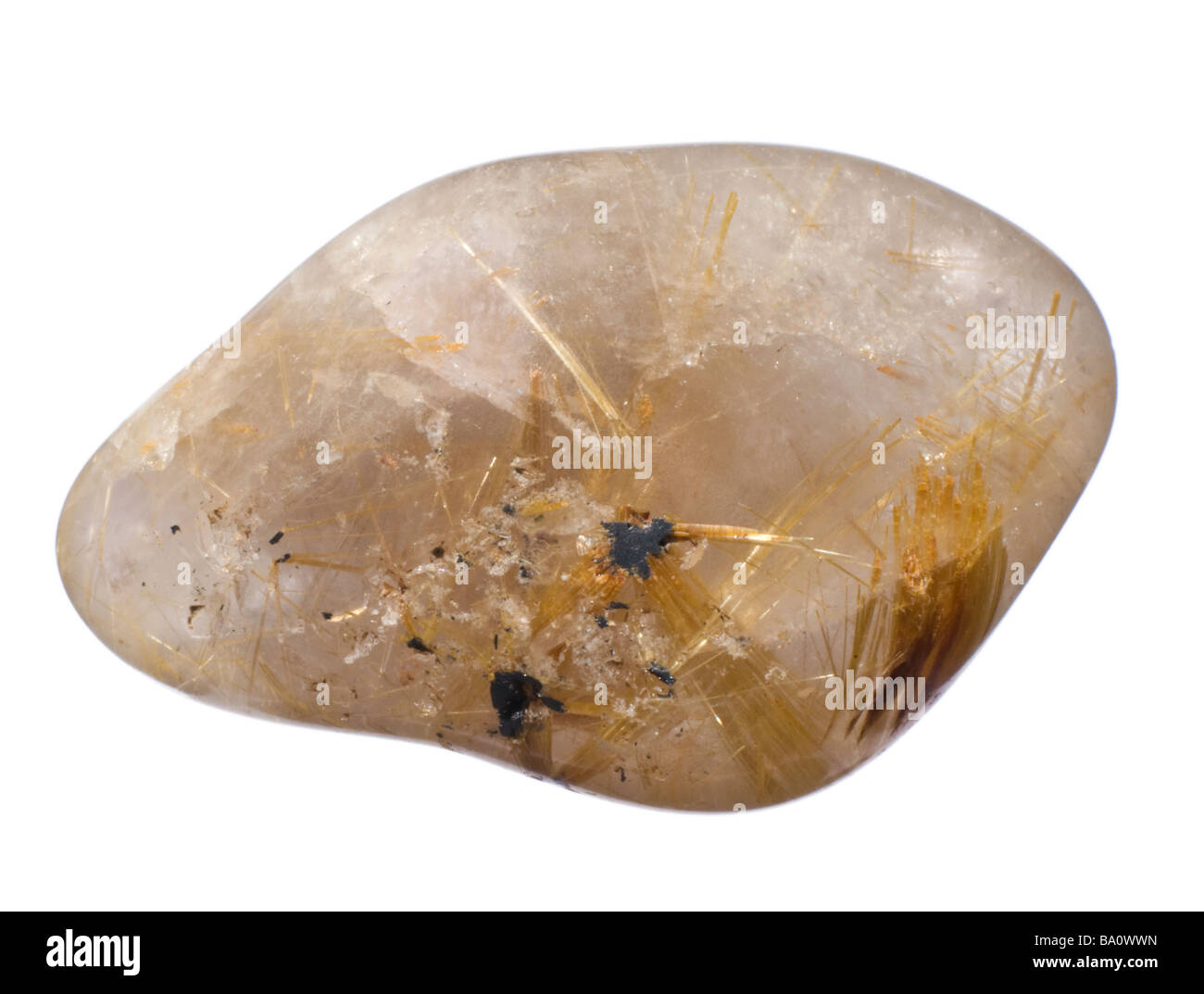 Rutilated Quartz tumblestone (acicular Rutile crystals in quartz) Stock Photo