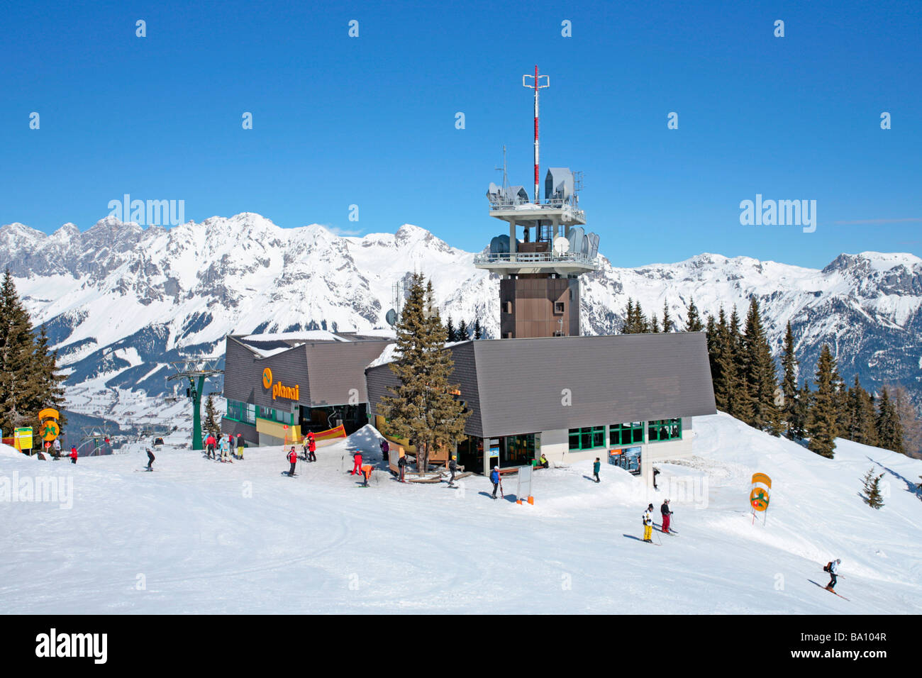 mountain station of the gondula lift to Planai, in the background Dachstein Mountain, Styria, Austria Stock Photo