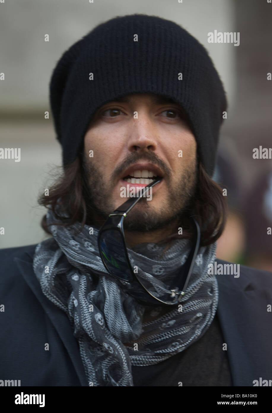 LONDON 1 April Pic shows Russel Brand at the G20 Protests at the bank of England Bank Of England London 1st of April 2009 Stock Photo