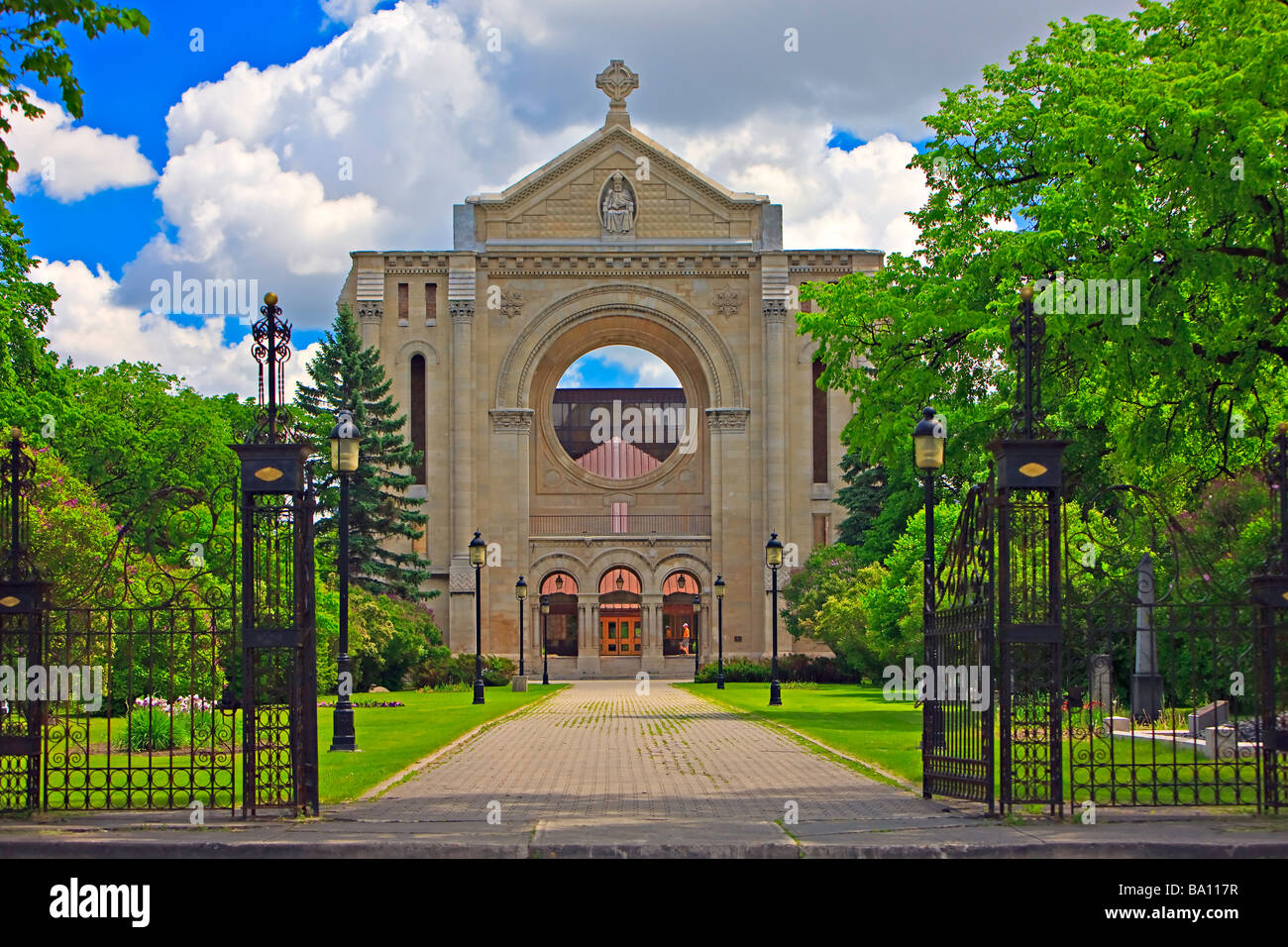 Facade of the St Boniface Cathedral in the old French Quarter of St Boniface in the City of
