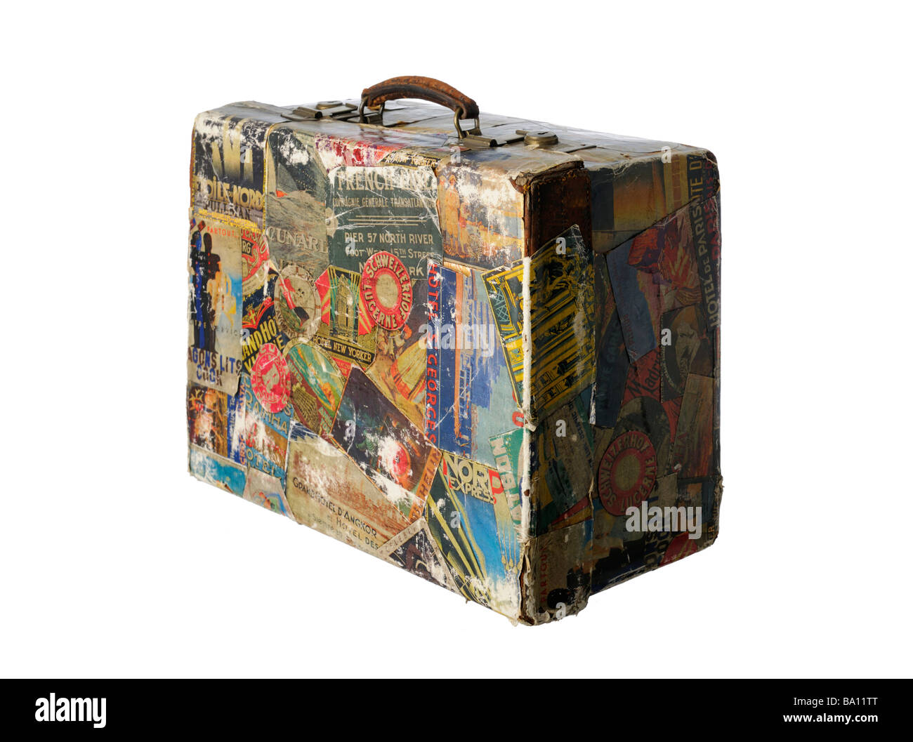 Valise vintage avec de vieux autocollants Voyage Photo Stock - Alamy