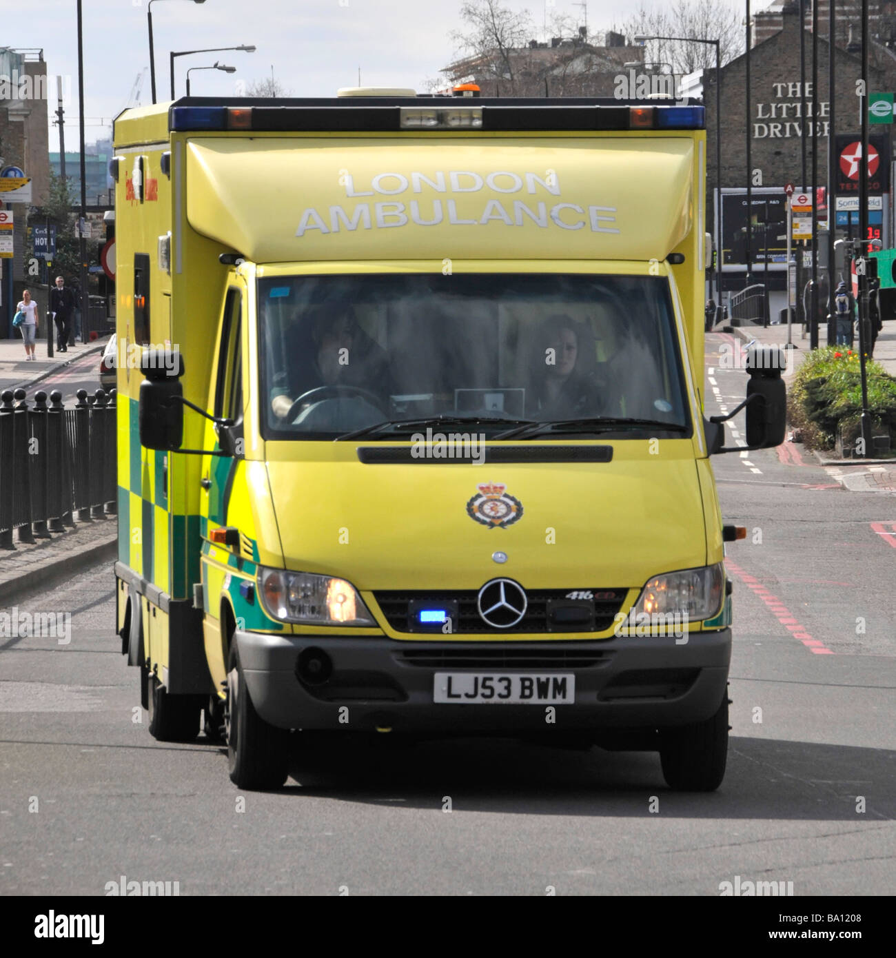 London Ambulance travelling at speed on emergency call out Stock Photo