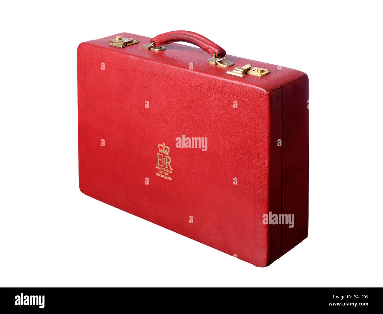 British Red Budget briefcase EIIR emblem Chancellor of the Exchequer Stock Photo