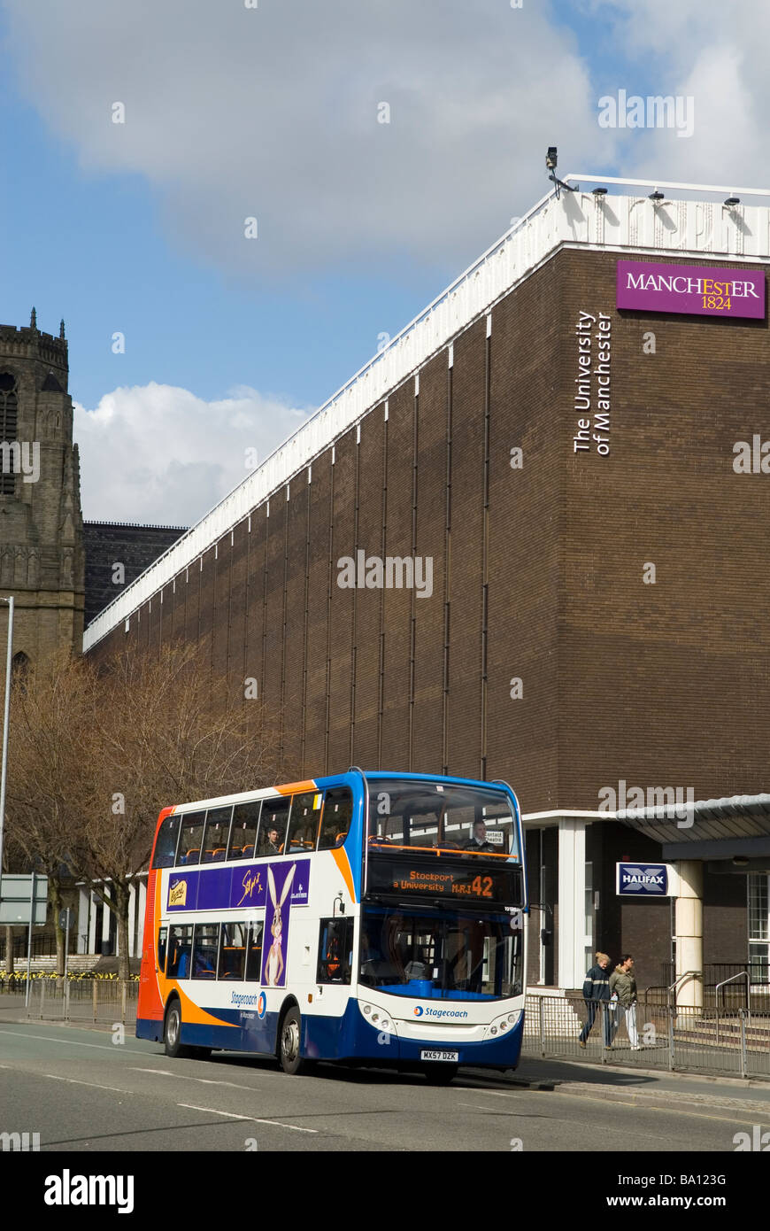 Double decker stagecoach bus outside Manchester University UK Stock Photo