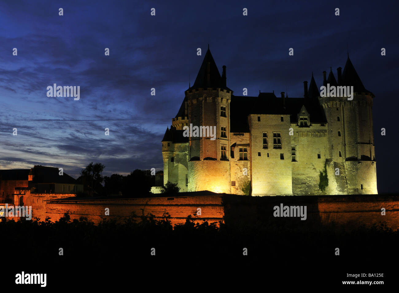 France. Maine-et-Loire. Saumur castle at night. Stock Photo