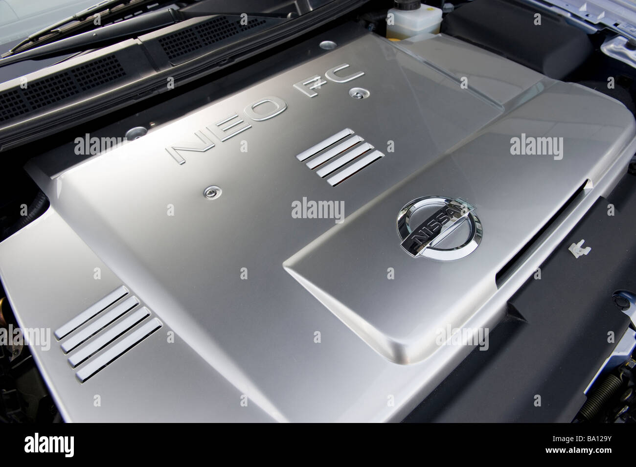 Engine bay of a Nissan hydrogen fuel cell (FCV) battery-powered vehicle Stock Photo