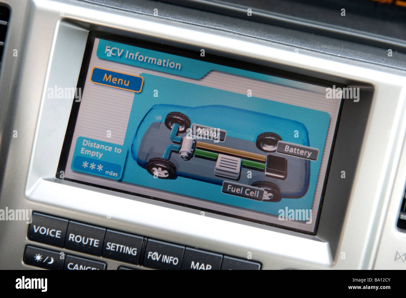 Dashboard display on a hydrogen fuel cell (FCV) battery-powered vehicle Stock Photo