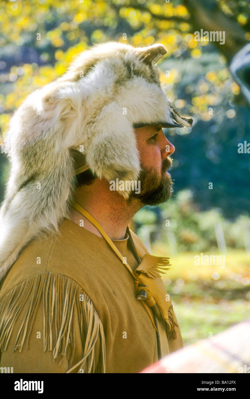 man animal skin hat wear early American costume pioneer mountain man rustic  west history historical recreate recreation past Stock Photo - Alamy