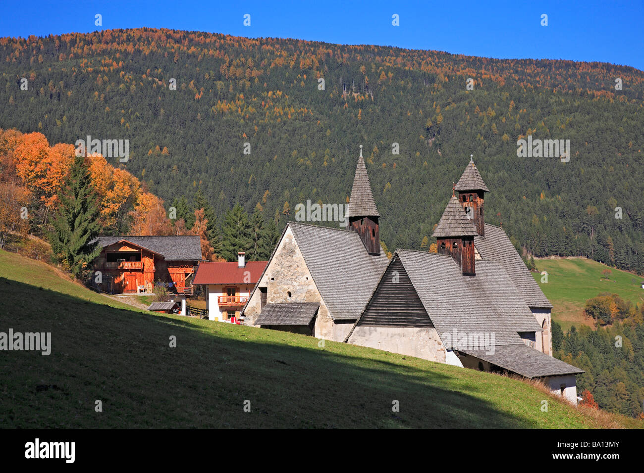 Village and churches of Bad Dreikirchen Tre Chiese Trentino Italy Stock Photo